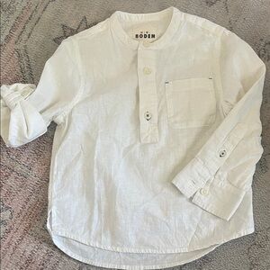 Mini Boden collarless poplin linen shirt size 3-4